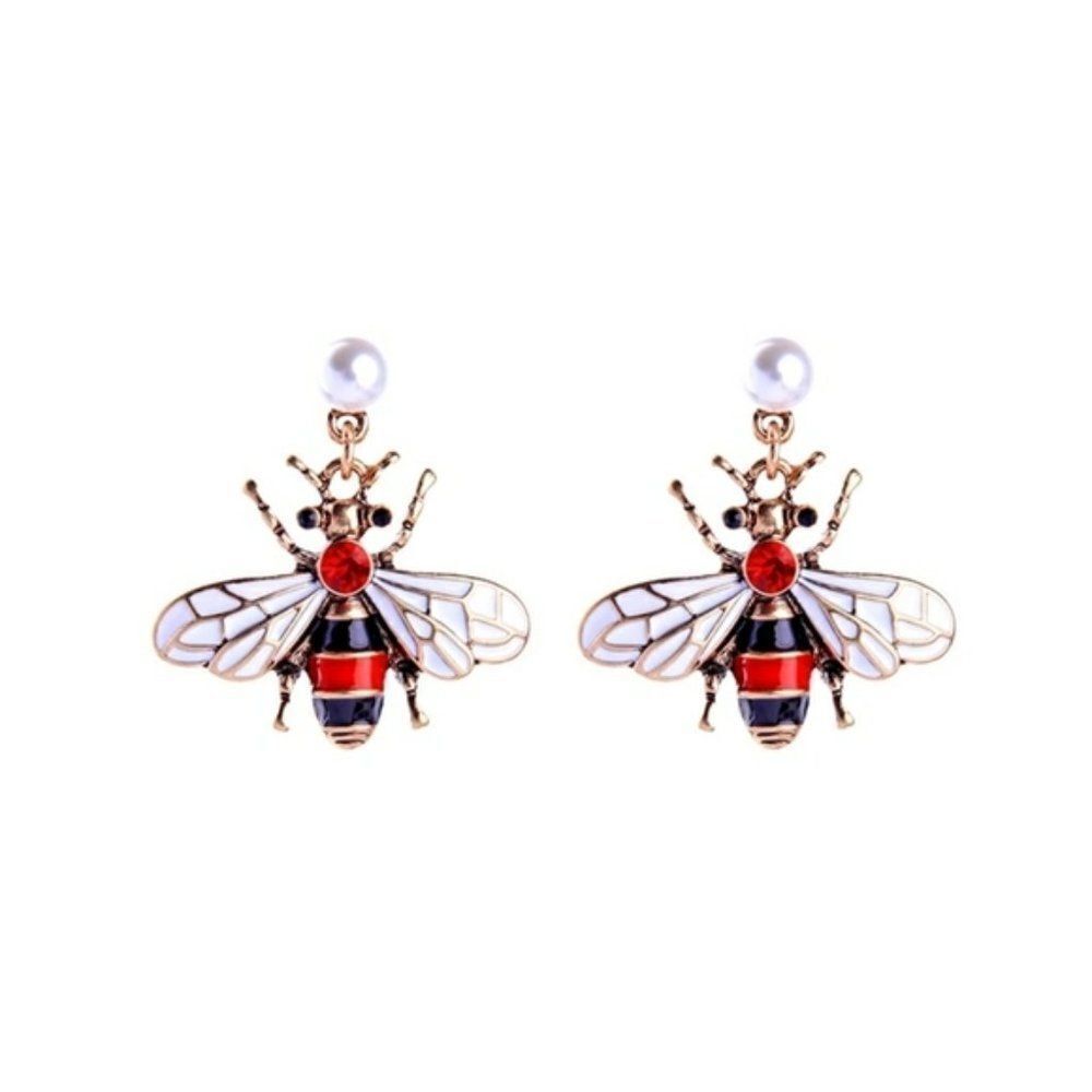 Red Enamel Glaze Bumble Bee Pearl Crystal Gold Statement Dangle Earrings